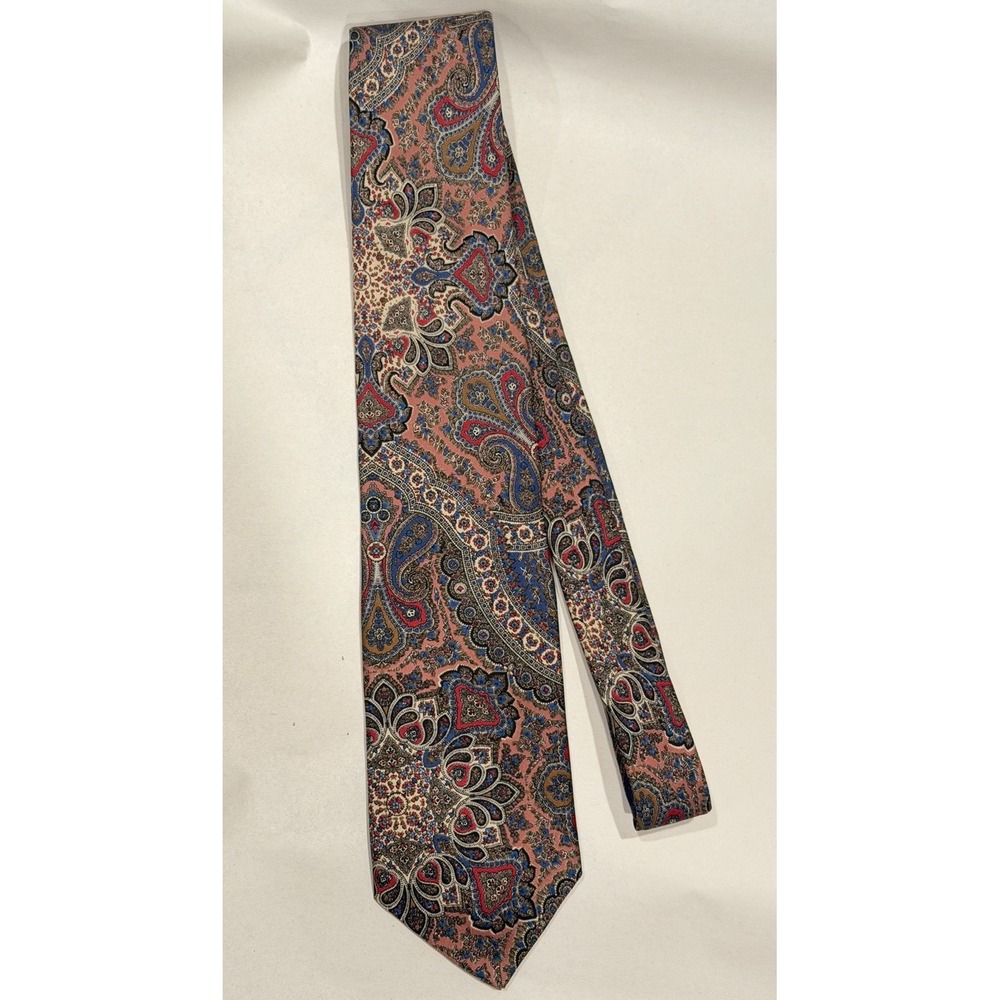 Mallory & Church London 1980s Vintage Silk Necktie Paisley Red Blue Gold Beige